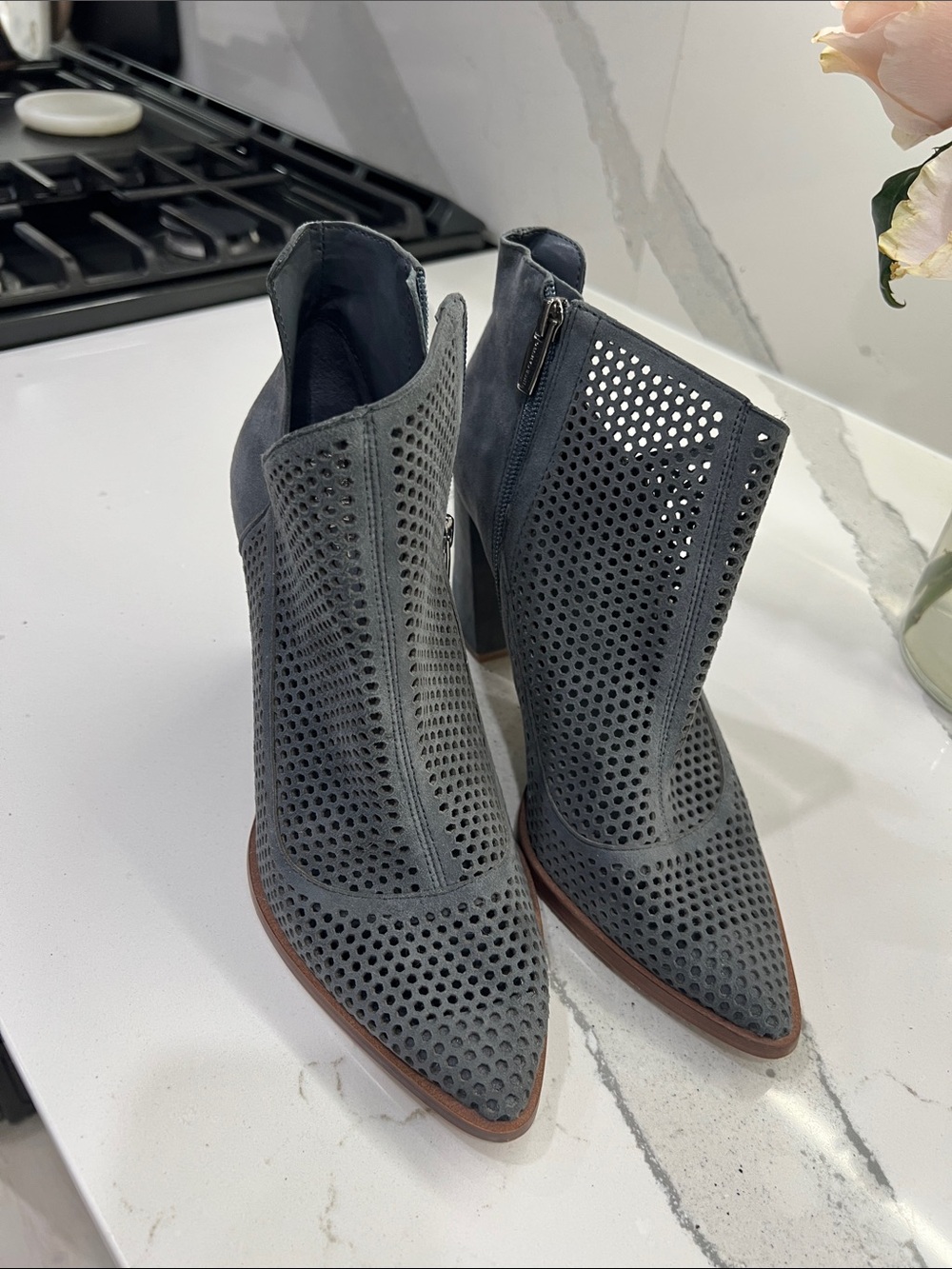 Vince Camuto Grey Perforated Pointed-Toe Ankle Booties